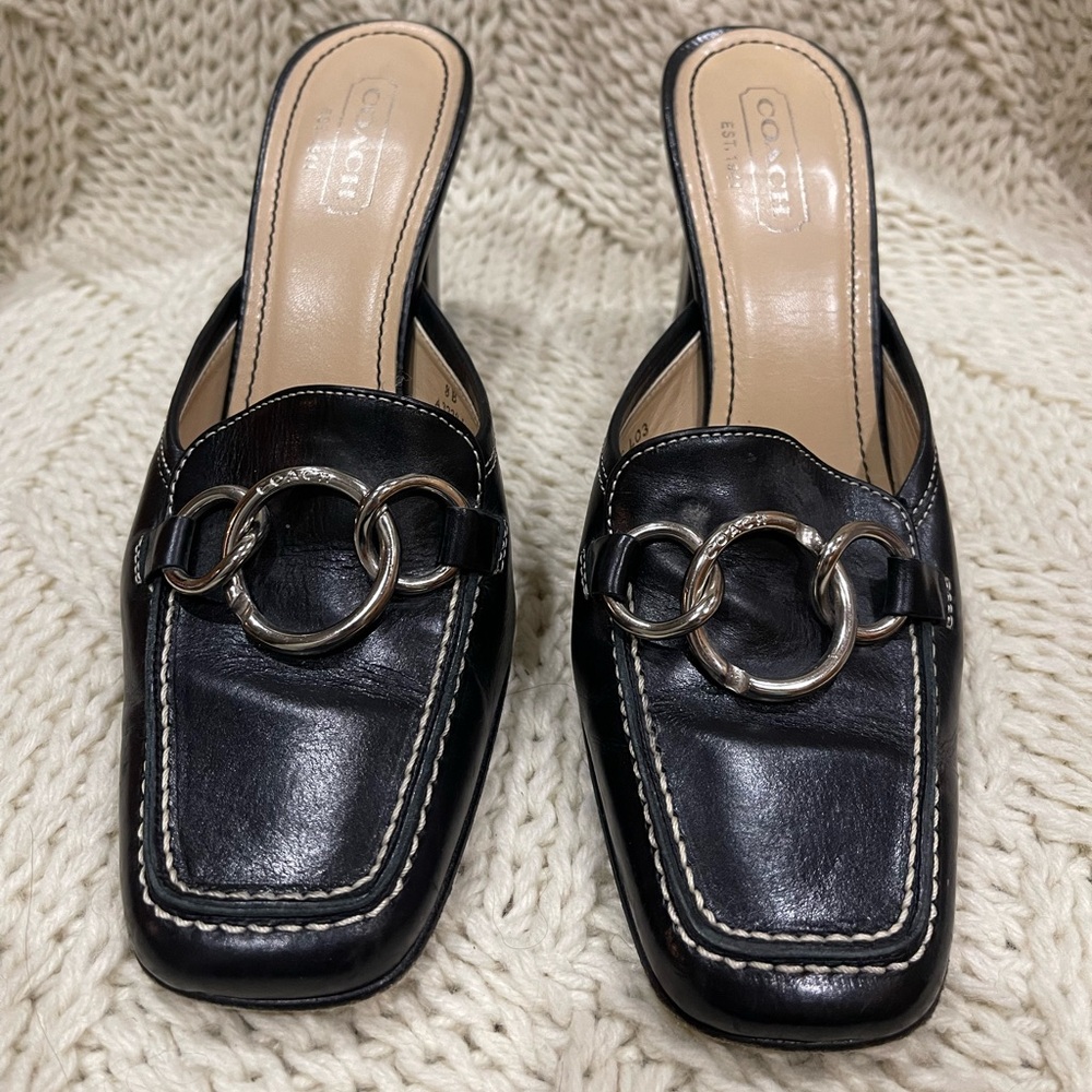 Coach Black Mules with Silver Chain Detail